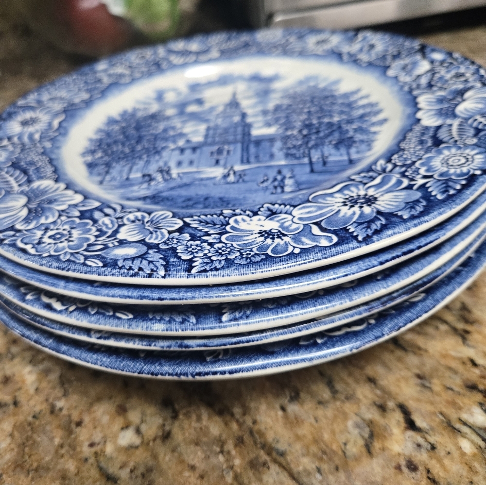 Blue Floral Transferware Dinner Plates - Classic Blue Pattern